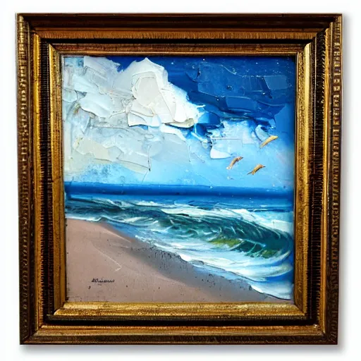 Image similar to thick impasto textured painting of a ocean landscape with beach and shore birds with a storm in the distance