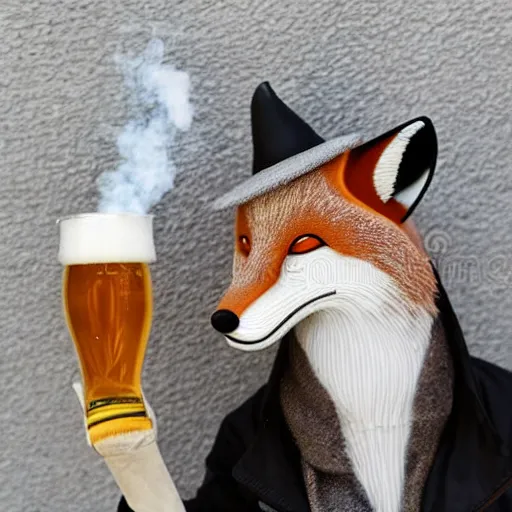 Image similar to a polygamous fox with a hat drinking beer and smoking e - cigarette, stock photo