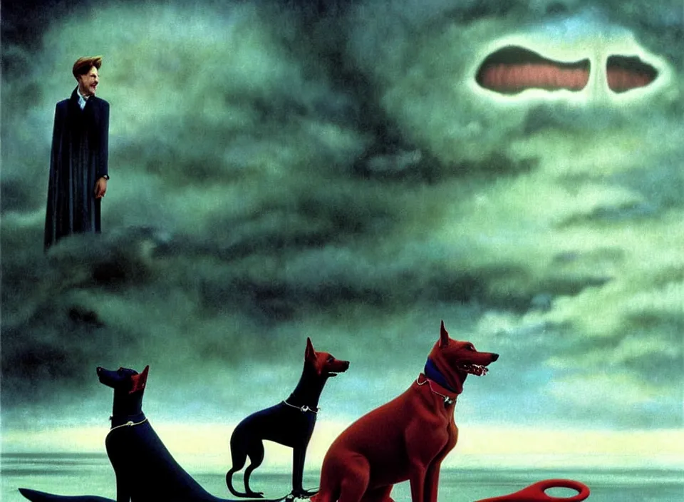 Prompt: realistic detailed portrait movie shot of an elegant blond male vampire with a barking doberman on a leash, sci fi landscape background by denis villeneuve, amano, yves tanguy, alphonse mucha, max ernst, roger dean, masterpiece, rich cold moody colours, dog teeth, blue eyes