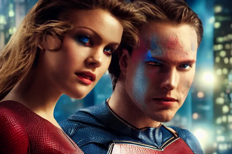 Image similar to movie beautiful evil superhero couple closeup, DC Marvel fashion, VFX magic powers at night in the city, city street, beautiful skin, natural lighting by Emmanuel Lubezki