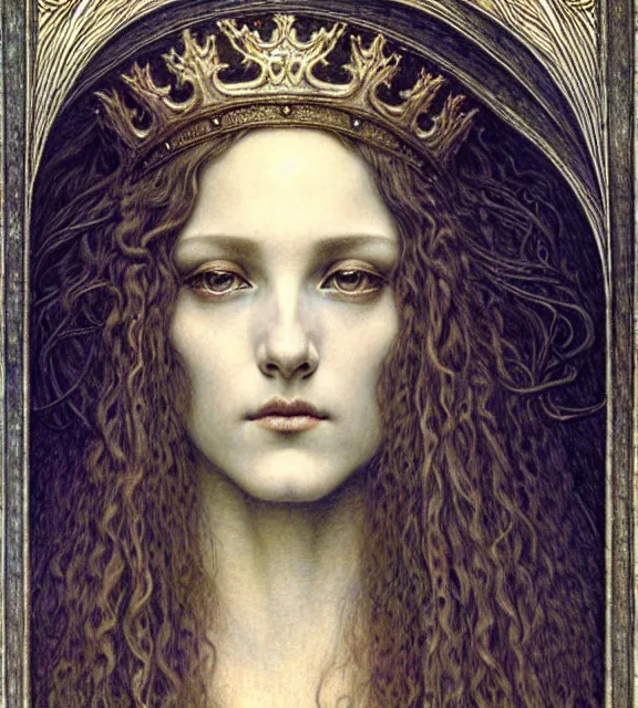 Image similar to detailed realistic beautiful young medieval queen face portrait by jean delville, gustave dore and marco mazzoni, art nouveau, symbolist, visionary, gothic, pre - raphaelite. horizontal symmetry