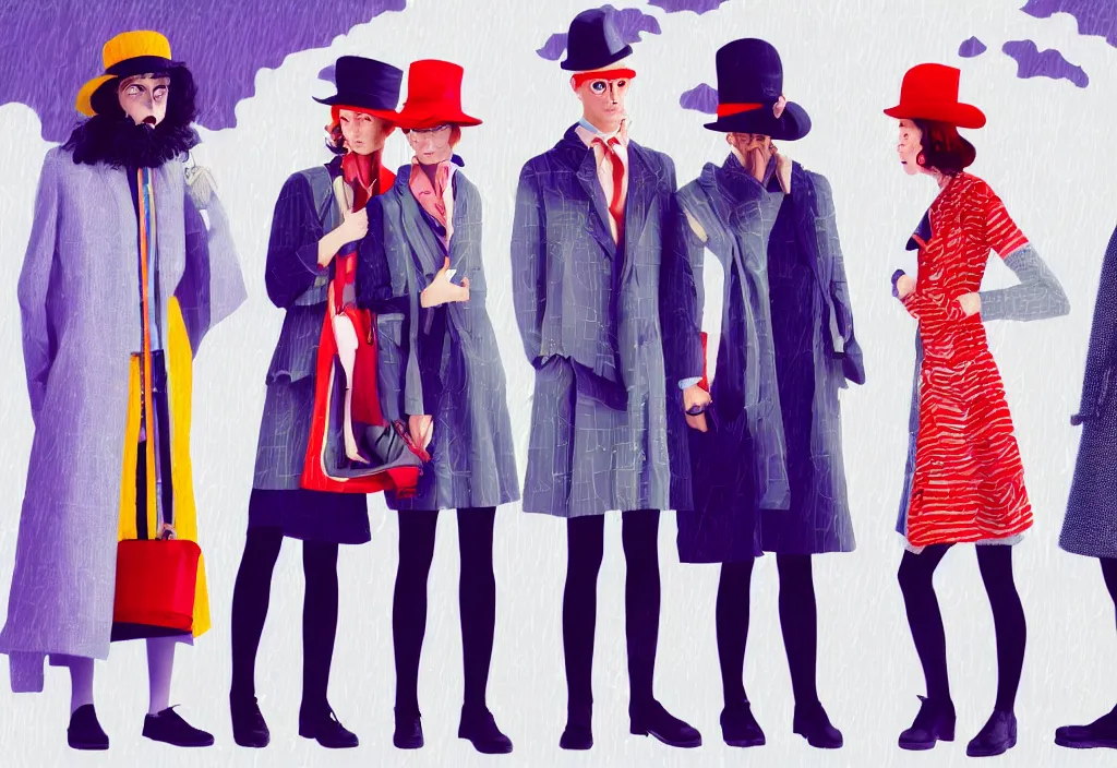 Image similar to full body portrait of a trio of young fashionable european tourists long pattern coat travel apparel, with nikon cameras, sightseeing various poses shooting photos, character designs painting, in the style of wes anderson, rene magritte, lola dupre, david hockney, isolated on white background, dark monochrome neon spraypaint accents volumetric octane render