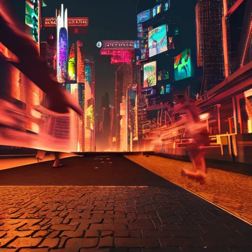 Image similar to people running away scared from cryptocurrency city, cyberpunk art ultrarealistic 8k