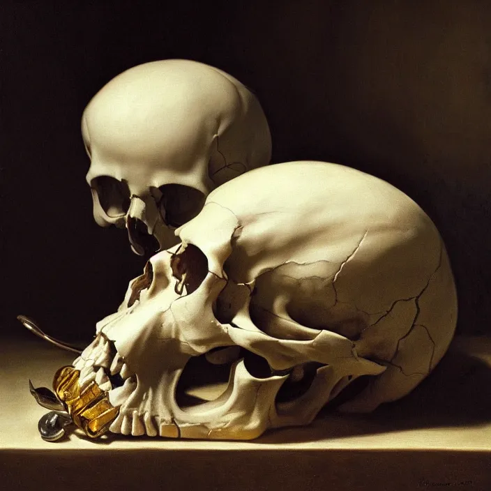 Image similar to still life painting of a skull with neon glowing crystal eyes, by pieter claesz, oil on canvas, strong lighting, highly detailed, hyper realism, golden hour, god rays, hd, 4 k