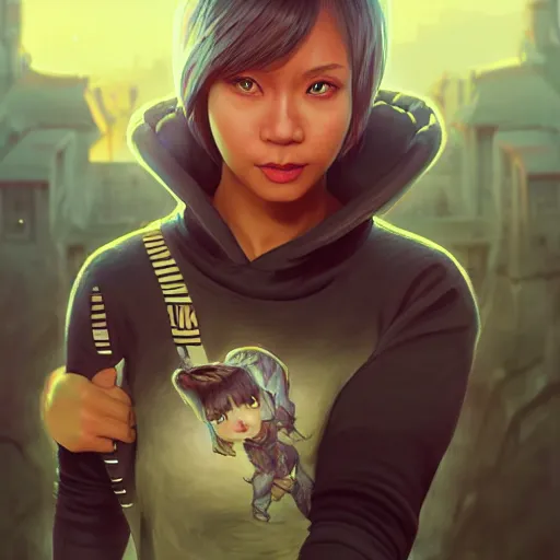 Image similar to feminine dwayne johnson in cat hoodie by ross tran, walking in a castle painted by sana takeda, rtx reflections, very high intricate details, digital anime art, medium shot, mid - shot, composition by ilya kuvshinov, lighting by greg rutkowski