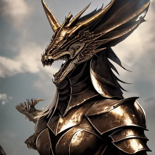 Prompt: highly detailed realistic stunning shot of a beautiful anthropomorphic female knight but as a hot dragon, doing a majestic pose, well detailed female dragon head, armor made of steel, sharp claws, HD octane render, epic cinematography, fantasy, Artstation, Deviantart, Furaffinity