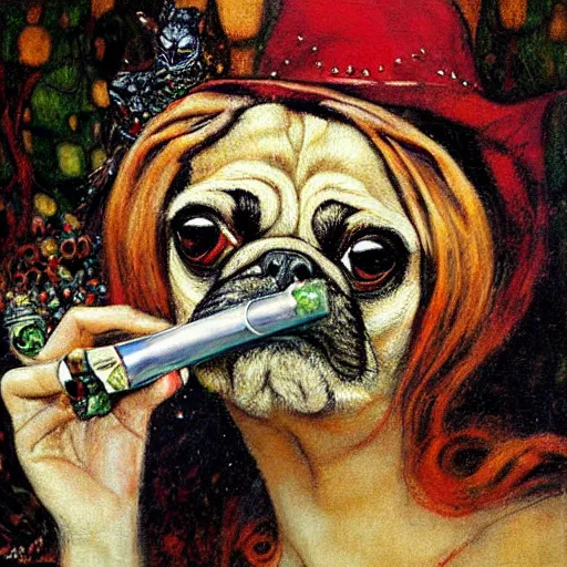 Prompt: pug caterpillar hybrid smoking hooka in wonderland, intricate detail, painting, jazz age, klimt, royo, frazetta, whealan,