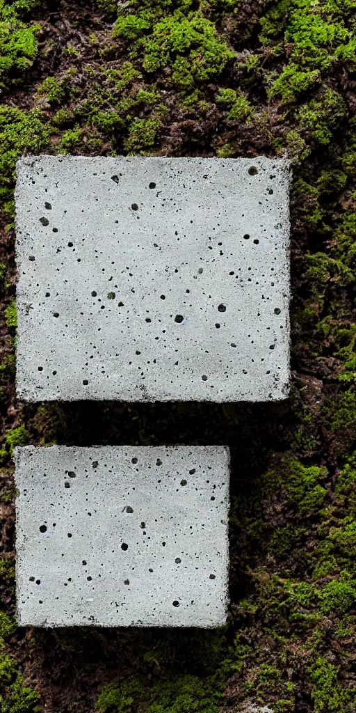 Prompt: a cast block of concrete. The block is centered in the frame and on a white background. The block is highly eroded. Moss is growing in the eroded crevices.