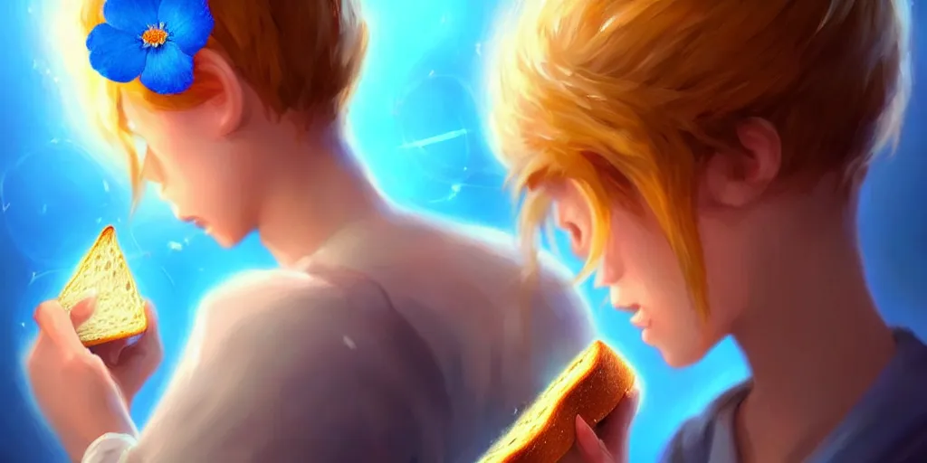 Image similar to epic professional digital art of a bread toast!!! wearing 👓!!!! and a blue flower!!!!, best on artstation, cgsociety, wlop, cosmic, epic, stunning, much detail, much wow, masterpiece, backlight