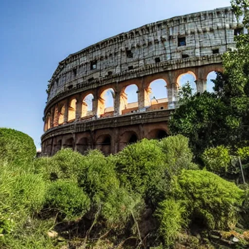 Image similar to a photo of the colosseum of Rome invaded by vegetation, even the surrounding areas of the city are invaded by trees and vegetation, everything seems abandoned.