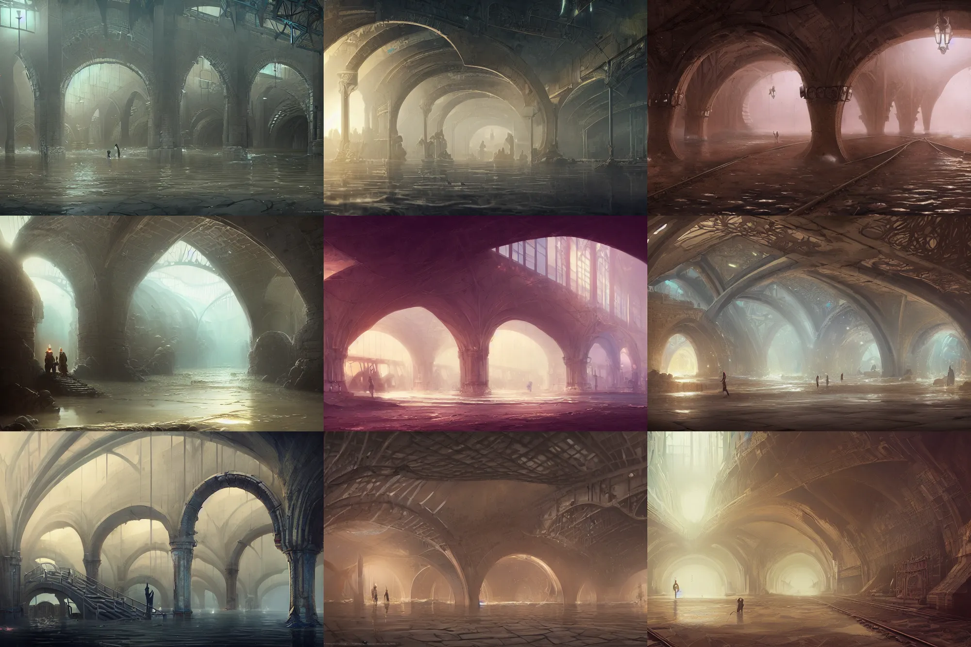 Prompt: flooded victorian subway station, giant archways, rows of sand, by peter mohrbacher dan mumford craig mullins nekro, cgsociety, pixiv, volumetric light, 3 d render