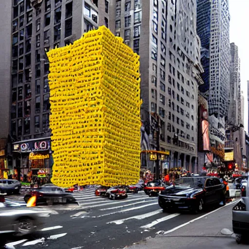 Image similar to New York City with the buildings made of macaroni noodles. Pasta sauce raining from the sky