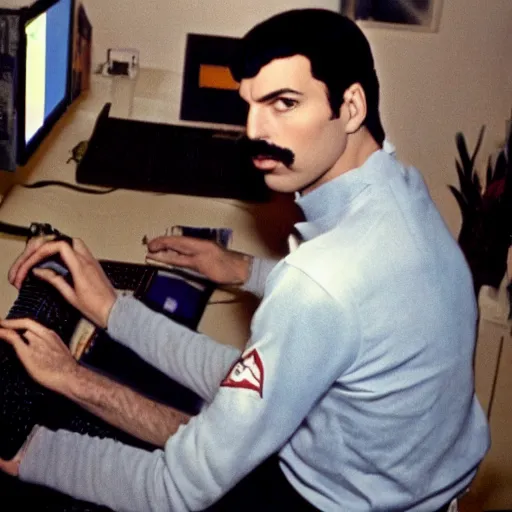 Prompt: Freddie Mercury playing among us on his computer