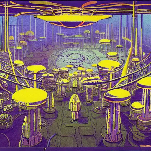 Image similar to a scifi illustration, factory interior. seen from above in FANTASTIC PLANET La planète sauvage animation by René Laloux