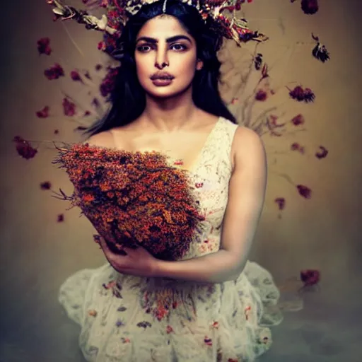 Image similar to fine art photo of the beauty goddess priyanka chopra, she has a crown of dried flowers, by oleg oprisco