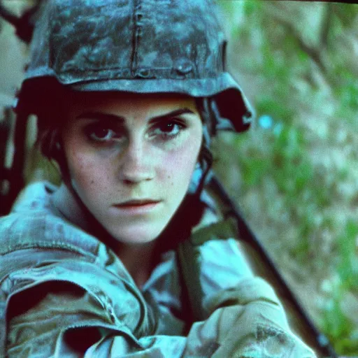 Image similar to film still, extreme far view, emma watson vietnam door gunner, film still from apocalypse now ( 1 9 7 9 ), 2 6 mm, kodak ektachrome, blue tint expired film,