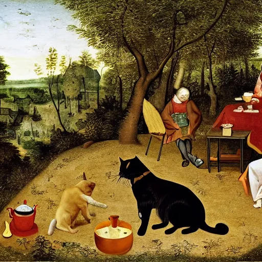 Image similar to bruegel style painting of golden retriever and a black kitty having a tea party in the forest