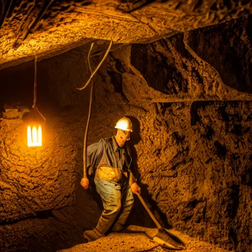 Prompt: a miner in the depths of a mineshaft mining a giant crystalline ore, the mineshaft is lit by hanging lanterns, the mine is dark, highly detailed, extremely high quality, hd, 4 k, 8 k, professional photographer, 4 0 mp, lifelike, top - rated, award winning, realistic, detailed lighting, detailed shadows, sharp, no blur, edited