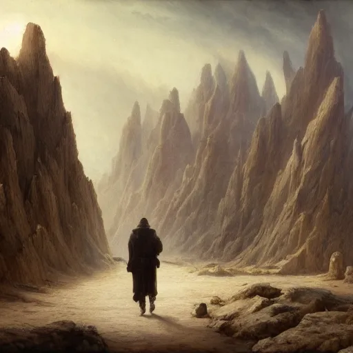 Image similar to A lonely white wolf man walking a corrupted crystal desert by Jacek Yurka, Carl Gustav Carus, 8k, ultra realistic painting