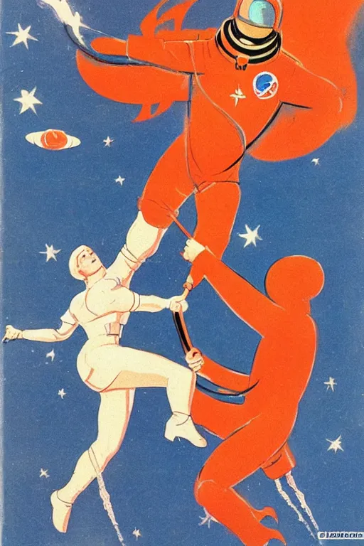 Image similar to Soviet propaganda art of a beautiful female cosmonaut fighting an alien.