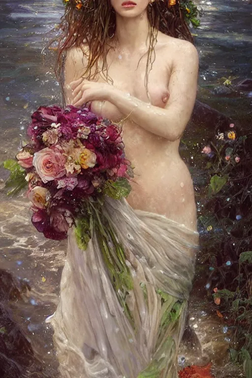 Image similar to portrait of a beautiful mysterious drenched woman holding a bouquet of flowing flowers, drenched clothing, wet dripping long hair, hands hidden under the bouquet, emerging from the water, fantasy, regal, intricate, by stanley artgerm lau, greg rutkowski, thomas kindkade, alphonse mucha, loish, norman rockwell