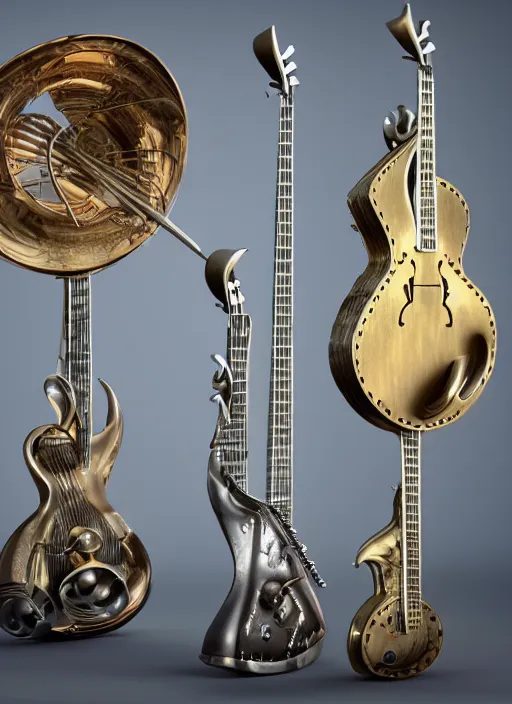 Prompt: strange surrealist detailed musical-instruments!! in alien worlds, photorealistic, 3d render, award winning render, unreal engine, octane render, studio lighting, 8k, hd