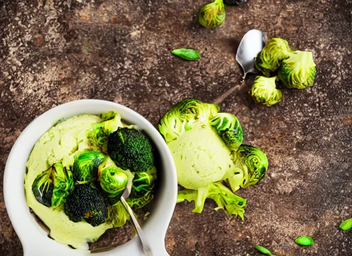 Prompt: dslr food photograph of broccoli and brussel sprout ice cream, 8 5 mm f 1. 8