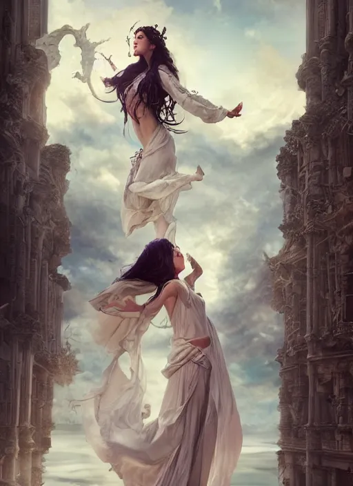 Image similar to a beautiful sorceress floating on air with elegant looks, flowing robe, ornate and flowing, intricate and soft by miho hirano, ruan jia, tom bagshaw,, wlop, beautiful roman architectural ruins in the background, epic sky, half body shot, vray render, artstation, deviantart, pinterest, 5 0 0 px models