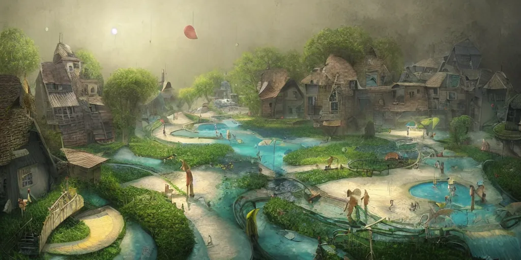 Image similar to gediminas pranckevicius waterpark painting by cinematic lighting, epic composition, highly detailed