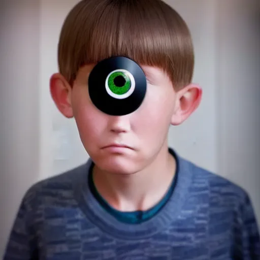 Prompt: serious looking 9 year old boy with googly eyes