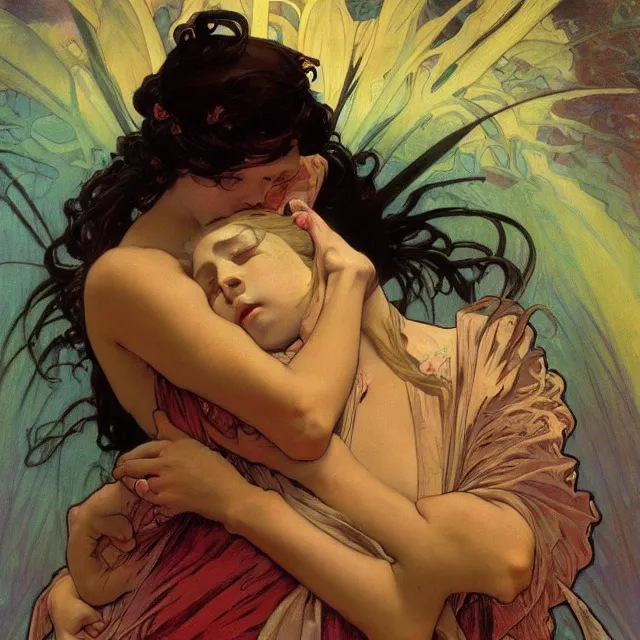 Image similar to an aesthetic! detailed portrait of an aesthetic woman crying mournfully while cradling a child, by frank frazetta and alphonse mucha, oil on canvas, bright colors, art nouveau, epic composition, dungeons and dragons fantasy art, hd, god - rays, ray - tracing, crisp contour - lines, huhd - 8 k