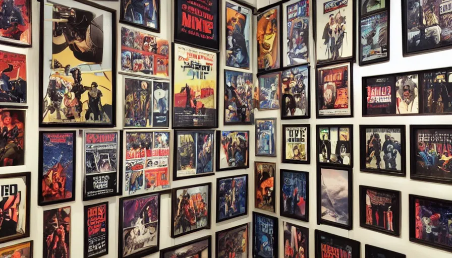 Image similar to a large wall in a museum containing framed movie posters, retro sci - fi, retro horror, retro movies