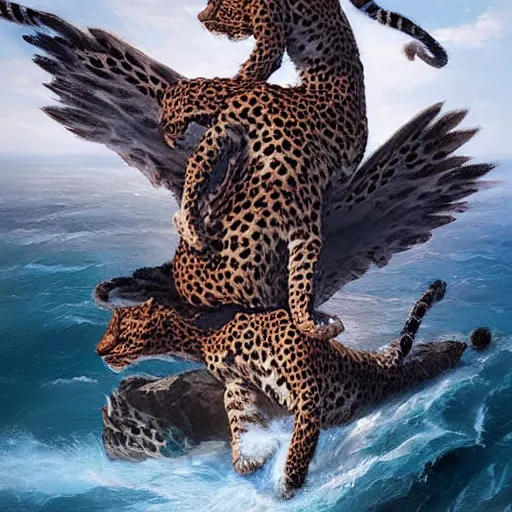 Prompt: three headed leopard And two wings coming out of the sea , digital Art, Greg rutkowski, Trending artstation, cinematographic, hyperrealistic