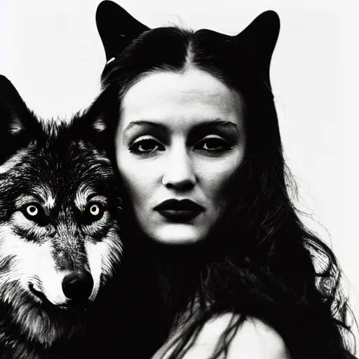 Image similar to the beautiful lady and the wolf, black and white, by richard avedon,