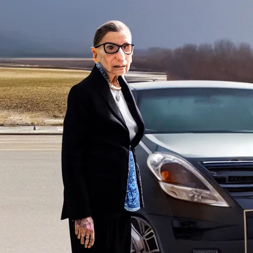 Image similar to ruth bader ginsburg standing in the middle of a highway, dashcam footage, accident