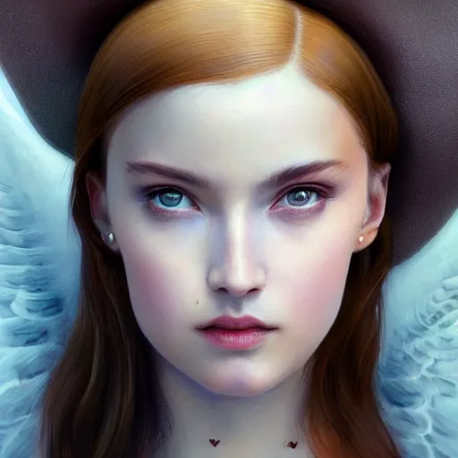 Prompt: A masterpiece portrait of a Incredibly beautiful angel queer girl with piercing and tatoo in leather nun hat. Incredible light. light night, artstation Masterpiece. Angel. Angel wings. light cute blush on face. medium shot, intricate, elegant, highly detailed. trending on artstation, digital art, by Stanley Artgerm Lau, WLOP, Rossdraws, James Jean, Andrei Riabovitchev, Marc Simonetti, Yoshitaka Amano. background by James Jean and Gustav Klimt, light by Julie Bell, 4k, porcelain skin. Octane render. epic dark fantasy.