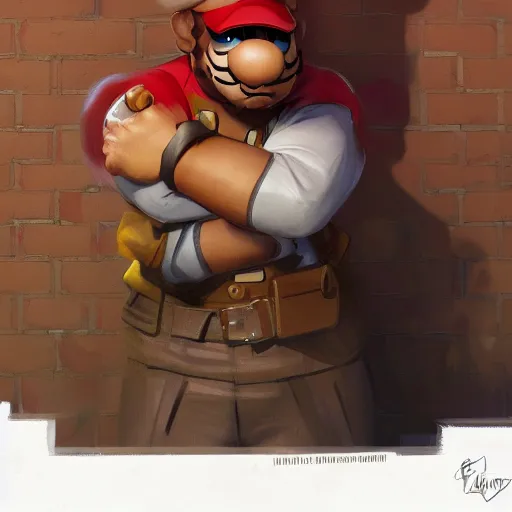 Image similar to man super mario is an rpg character, hiding behind a brick wall, dark mood, highly detailed, digital painting, artstation, illustration, art by artgerm and greg rutkowski and alphonse mucha