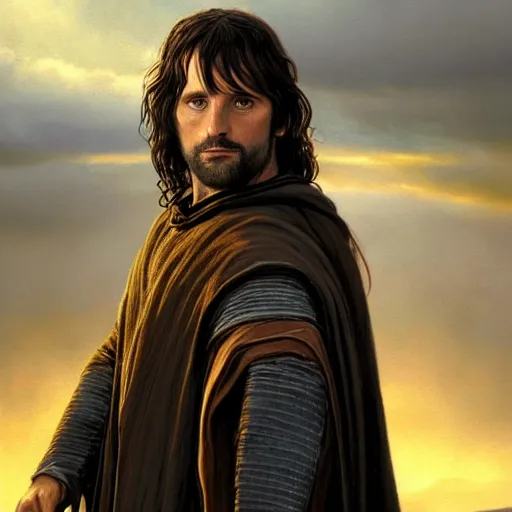 Image similar to Portrait of Aragorn, High King of the Reunited Kingdom, golden hour, detailed matte painting, cinematic, Alan Lee, Artstation