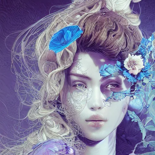 Image similar to the portrait of a blueberry that resembles an absurdly beautiful, graceful, elegant, sophisticated woman, an ultrafine hyperdetailed illustration by kim jung gi, irakli nadar, intricate linework, bright colors, octopath traveler, final fantasy, unreal engine 5 highly rendered, global illumination, radiant light, detailed and intricate environment