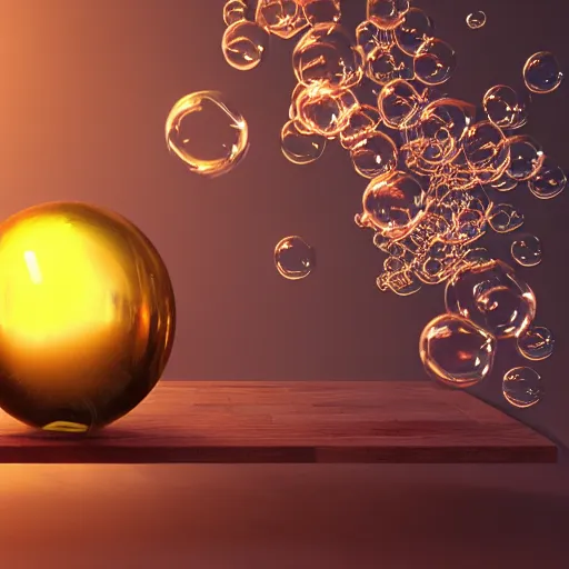 Prompt: realistic arcane magical sphere filled with bubbles on top of a wooden table, a raytraced image by filip hodas, mike winkelmann, daniel mijtens, octane render, trending on cgsociety, photorealism, vray tracing, rendered in unreal engine, ray tracing