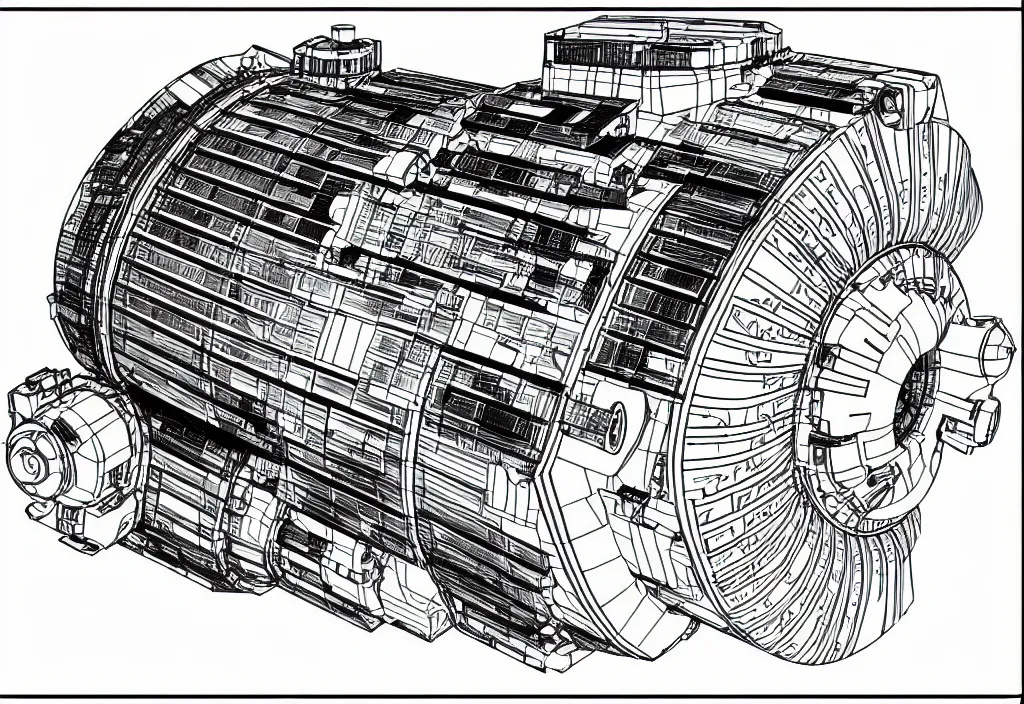 Prompt: b & w technical drawing of a sci - fi plasma engine, top view, sharp detail, line art