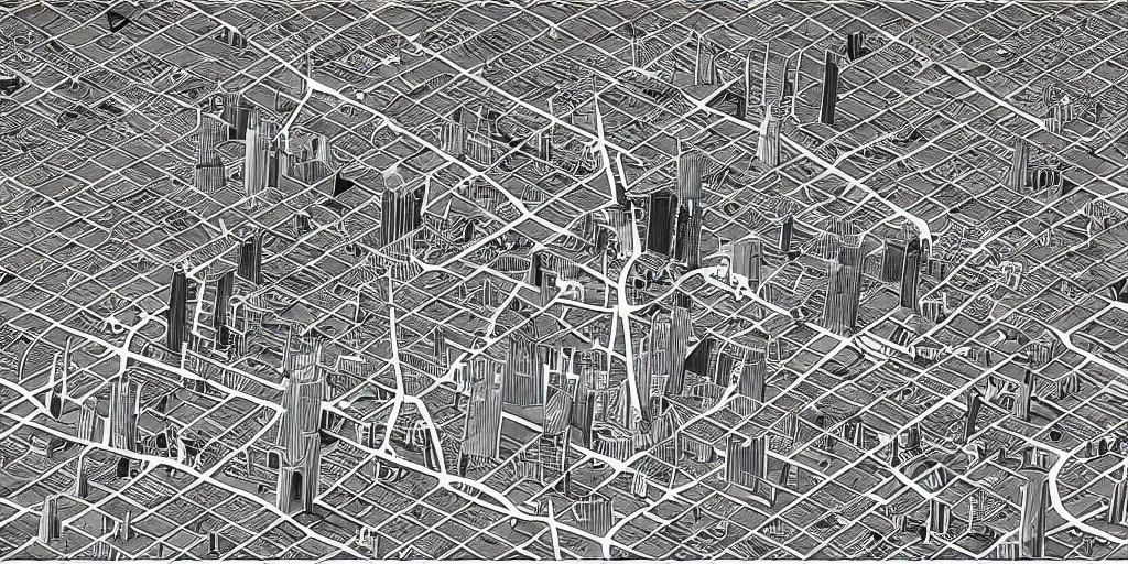 Prompt: hyper detailed city map optical illusion escher air crash