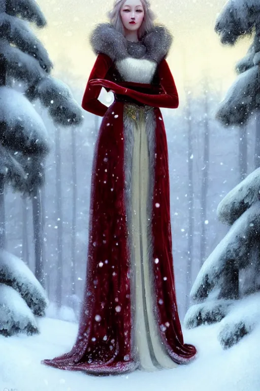 Image similar to nostalgia for a fairytale, nordic, snowing, medieval maiden dressed in furs, red velvet gown, long hair, tall and thin, illustration, dramatic lighting, soft details, painting, art nouveau, octane render, 8 k, hd, by edmund blair leighton, brom, charlie bowater, faces by otto schmidt