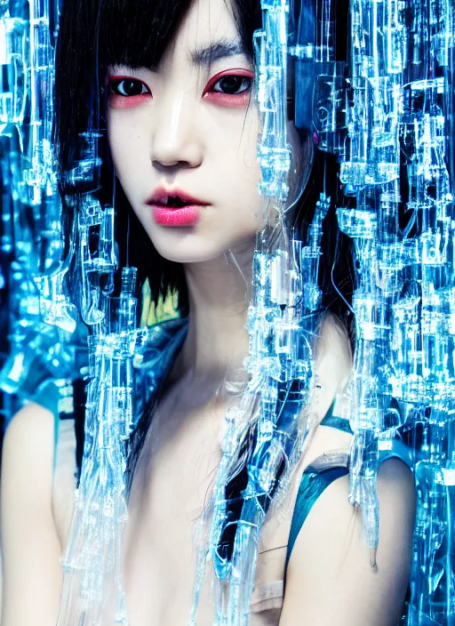 Image similar to a close-up risograph long shot of cyberpunk japanese model girl with black eyes and pretty face wearing lots of transparent and cellophane accessories, blue hour, twilight, cool, portrait, Kodachrome, ISO1200,