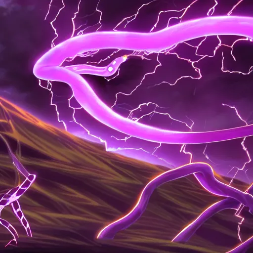 Image similar to snakes of purple lightning striking at the darkness, anime,