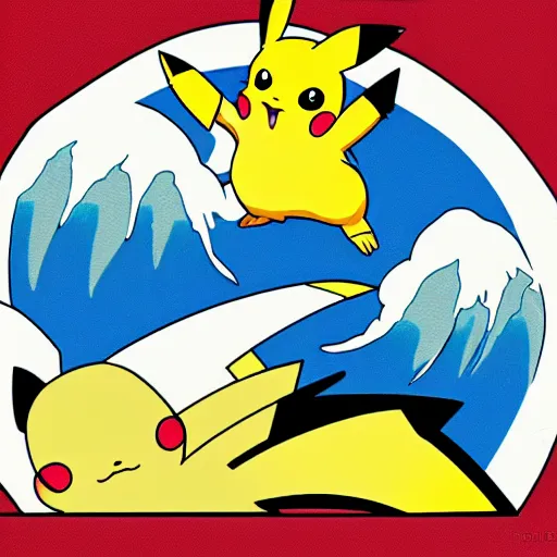 Image similar to pikachu surfing on the great wave