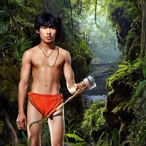 Image similar to jungle book mowgli who is a 2 0 year old korean with large muscles and with long unkempt and slightly curly hair, holding a torch in one hand and an iphone in the other hand, standing in the jungles of jeju island