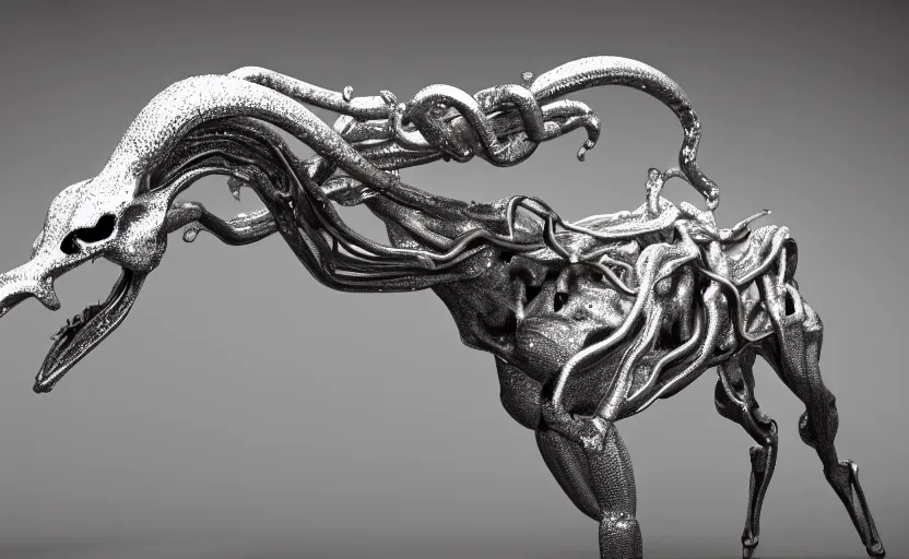 Prompt: stylized shiny polished silver statue full body extra limbs bizarre cosmic horror quadruped animal deer skull four legs made of marble of slug creature tendrils, perfect symmetrical body, perfect symmetrical face, hyper realistic, hyper detailed, by johannen voss, by michelangelo, octane render, blender, 8 k, displayed in pure white studio room