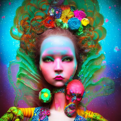 Prompt: Vibrant, colorful stunning maximalist futuristic nebulapunk girl from the rainbow sky paradise, high-tech, detailed by Mark Ryden, 35mm macro shot, hyperrealism, 8k resolution 3D
