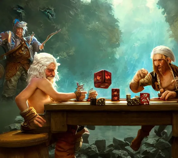 Prompt: a white haired dwarf and a pirate halfling gambling with dice near a creak, illustration by craig mullins, wlop, highly detailed, colorful, unreal engine, octane render, dramatic lighting, cinematic composition,